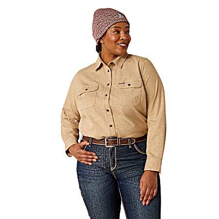 Women's Oatmeal Heather Flannel Long Sleeve Button Down Tunic