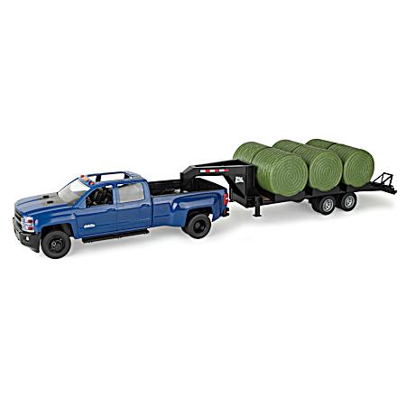 1:16 Blue Chevy Pickup Truck w/ Trailer & 6 Round Bales