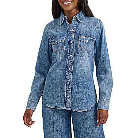 Women's Light Wash Vintage Denim Snap Front Long Sleeve Shirt