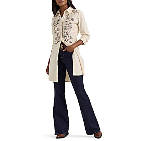 Women's Cream Western Snap Embroidered Shirt Dress