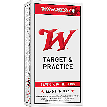 .25 ACP USA 50 Grain FMJ Centerfire Handgun Cartridges - 50 Rounds