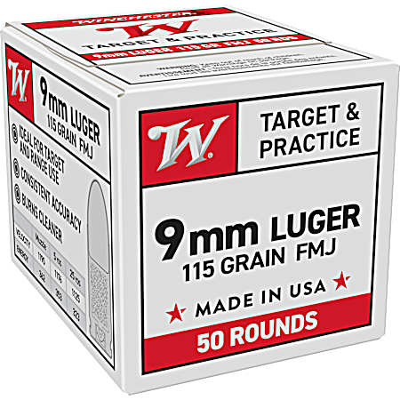 9mm USA 115 Grain FMJ Centerfire Handgun Cartridges - 50 Rounds