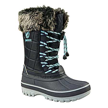 Girl's Black/Navy Fur Trim Winter Boots