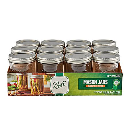 Wide Mouth Glass Pint Canning Jars w/ Lids & Bands - 12 Pk