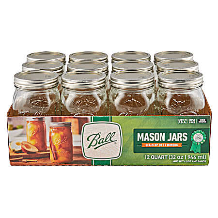 Wide Mouth Glass Quart Canning Jars w/ Lids & Bands - 12 Pk