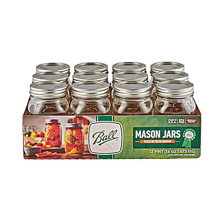 Regular Mouth Glass Pint Canning Jars w/ Lids & Bands - 12 Pk