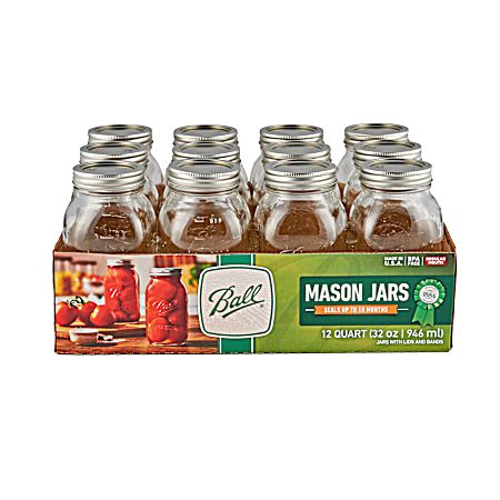 Regular Mouth Glass Quart Canning Jars w/ Lids & Bands - 12 Pk