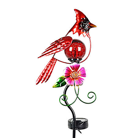 Metal Cardinal Crackle Ball Solar Stake