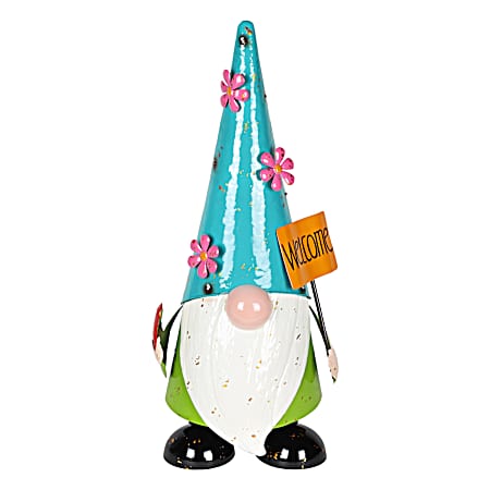 23 in Solar Metal Blue Hat Gnome Statue