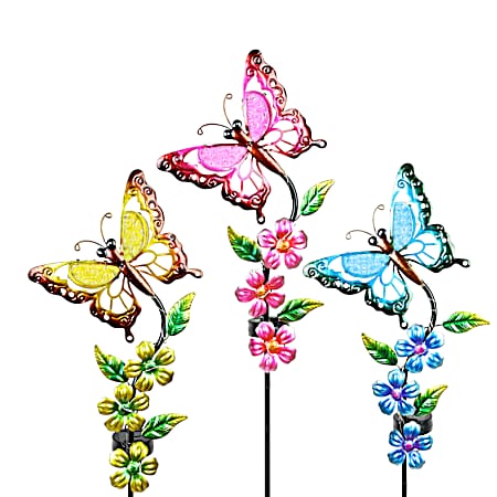 Metal Butterfly w/Flowers Solar Stake Assorted