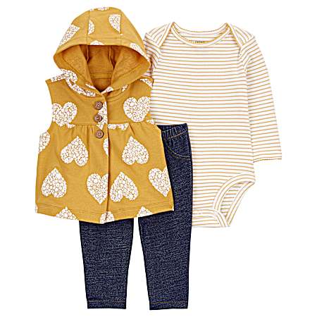 Infant Girl's 3 Pc Yellow Heart Little Vest Set