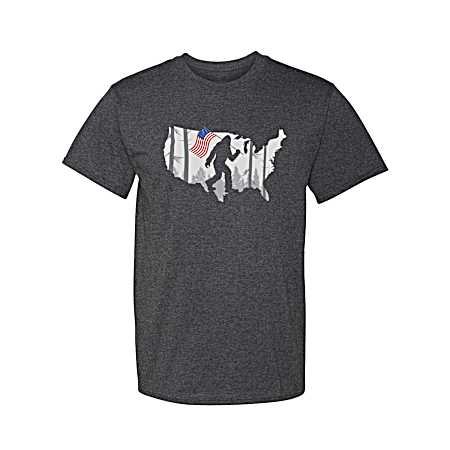 Men's Smoke Heather Sasquatch Holding Flag Short Sleeve Shirt
