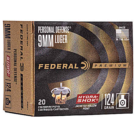 9mm Personal Defense Hydra-Shok 124 Grain JHP Centerfire Handgun Cartridges - 20 Rounds