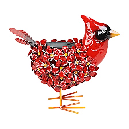 Metal Cardinal & Red Flowers Statue
