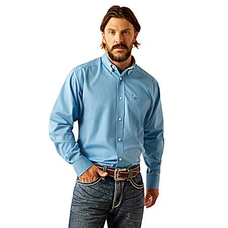 Men's Blue Wrinkle Free Classic Button Front Shirt
