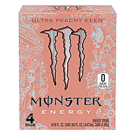 16 oz Ultra Peachy Keen, Sugar Free Energy Drink - 4 Pk
