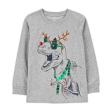 Little Boys' Grey Dino Holiday Long Sleeve Shirt