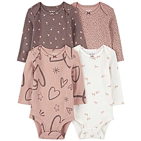 Infant Pink/Brown Multi Print Bodysuit Pack - 4 Pk