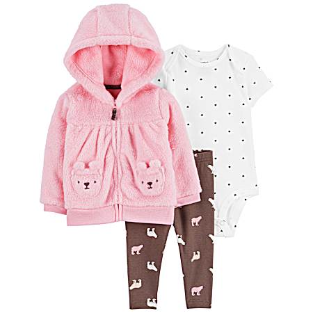 Infant Girls' Pink Bear Cardigan Set - 3 Pc
