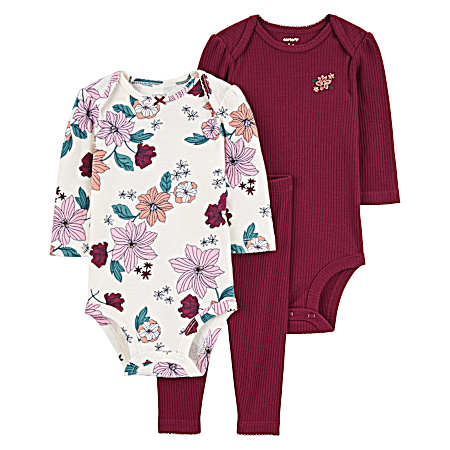 Infant Girls' Burgundy Solid/Floral Set - 3 Pc