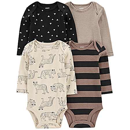Infant Brown/Grey Print/Stripe Bodysuit Pack - 4 Pk