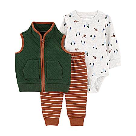 Infant Boys' Green/Brown Quilted Vest Set - 3 Pc