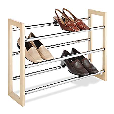Natural Wood & Chrome 3-Tier Expandable Shoe Rack