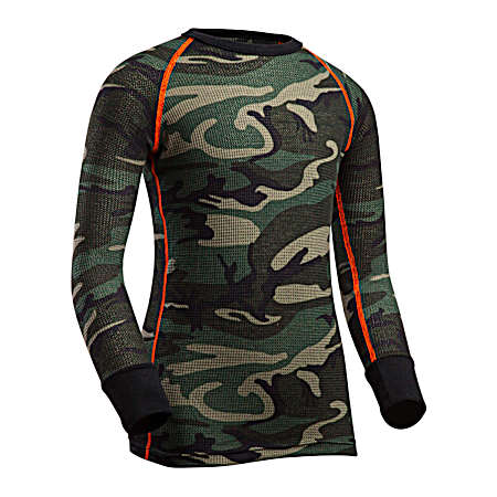 Kid's Camo Mini Waffle Knit Thermal Crew Neck Long Sleeve Top