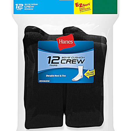 Boys' Black Cushion Crew Socks - 12 Pk