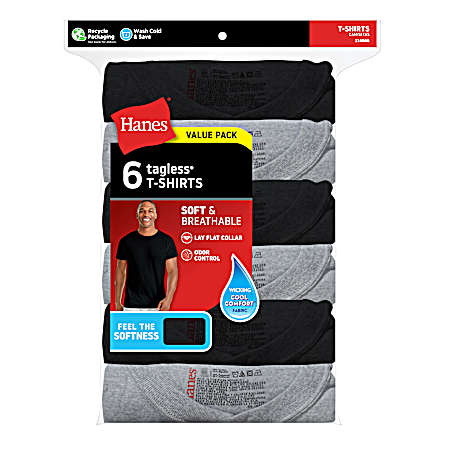 Men's Black/Grey/Blue Soft & Breathable Short Sleeve Shirts - 6 Pk