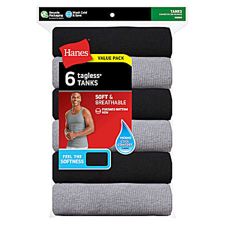 Men's Black/Grey Soft & Breathable Tanks - 6 Pk