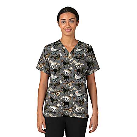 Women's Oversized V-Neck Print Scrub Top