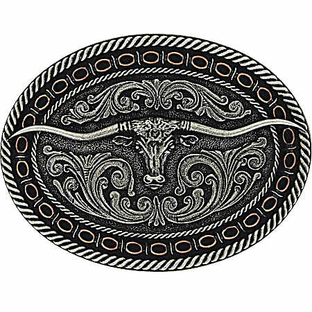 Two Tone Antiqued Round Barbed Longhorn Attitude Buckle