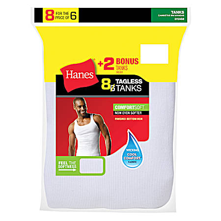 Men's FreshIQ White A-Shirt Tanks - 8 Pk