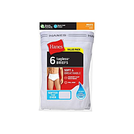 Men's Tagless White Briefs - 6 Pk