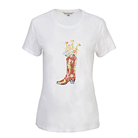 Women's White Flower Boot Short Sleeve Shirt