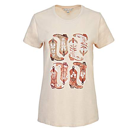 Women's Beige Heather Cowboy Boot Short Sleeve Shirt