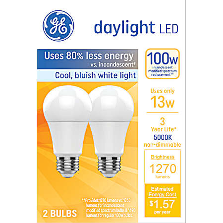 Basic LED 100-Watt Replacement, Daylight, A19 General Purpose Bulbs - 2 Pack