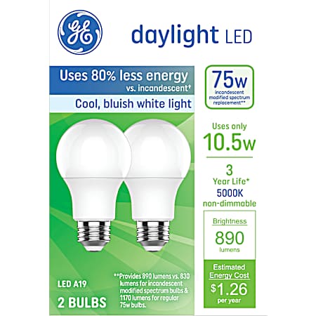 Basic LED 75-Watt Replacement, Daylight, A19 General Purpose Bulbs - 2 Pack