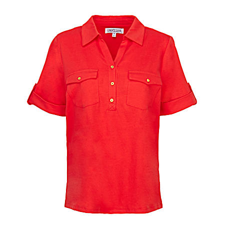 Women's Collared Short Sleeve Solid Henley