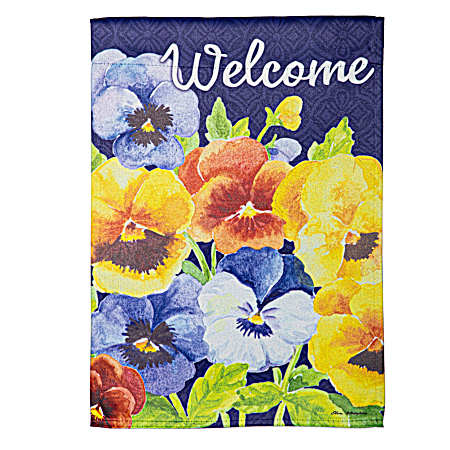 Welcome Pansies Suede Garden Flag