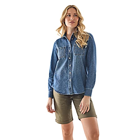 Women's Vintage Wash Everyday Button Front Long Sleeve Denim Shirt