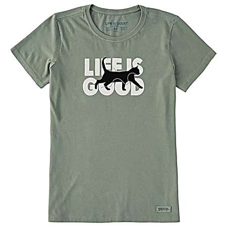 Women's Moss Green Black Cat Short Sleeve Shirt