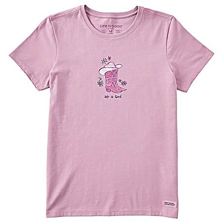 Women's Violet Purple Floral Cowboy Boot Short Sleeve Shirt