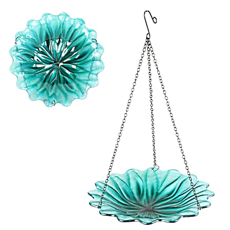 Hanging Glass Birdbath - Blue Flower