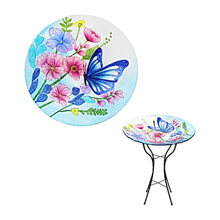 18 in Glass Birdbath w/Stand - Butterfly