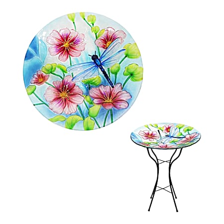 18 in Glass Birdbath w/Stand - Dragonfly