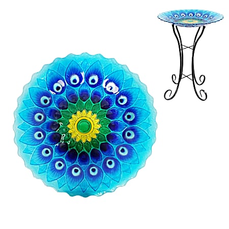 18 in Glass Birdbath w/Stand - Peacock