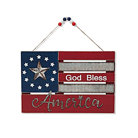 Hanging Wood/Metal God Bless American Flag