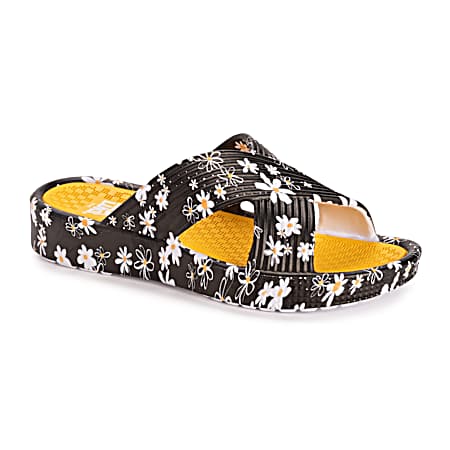 Women's Black/Yellow Spa Day Flower Sandals